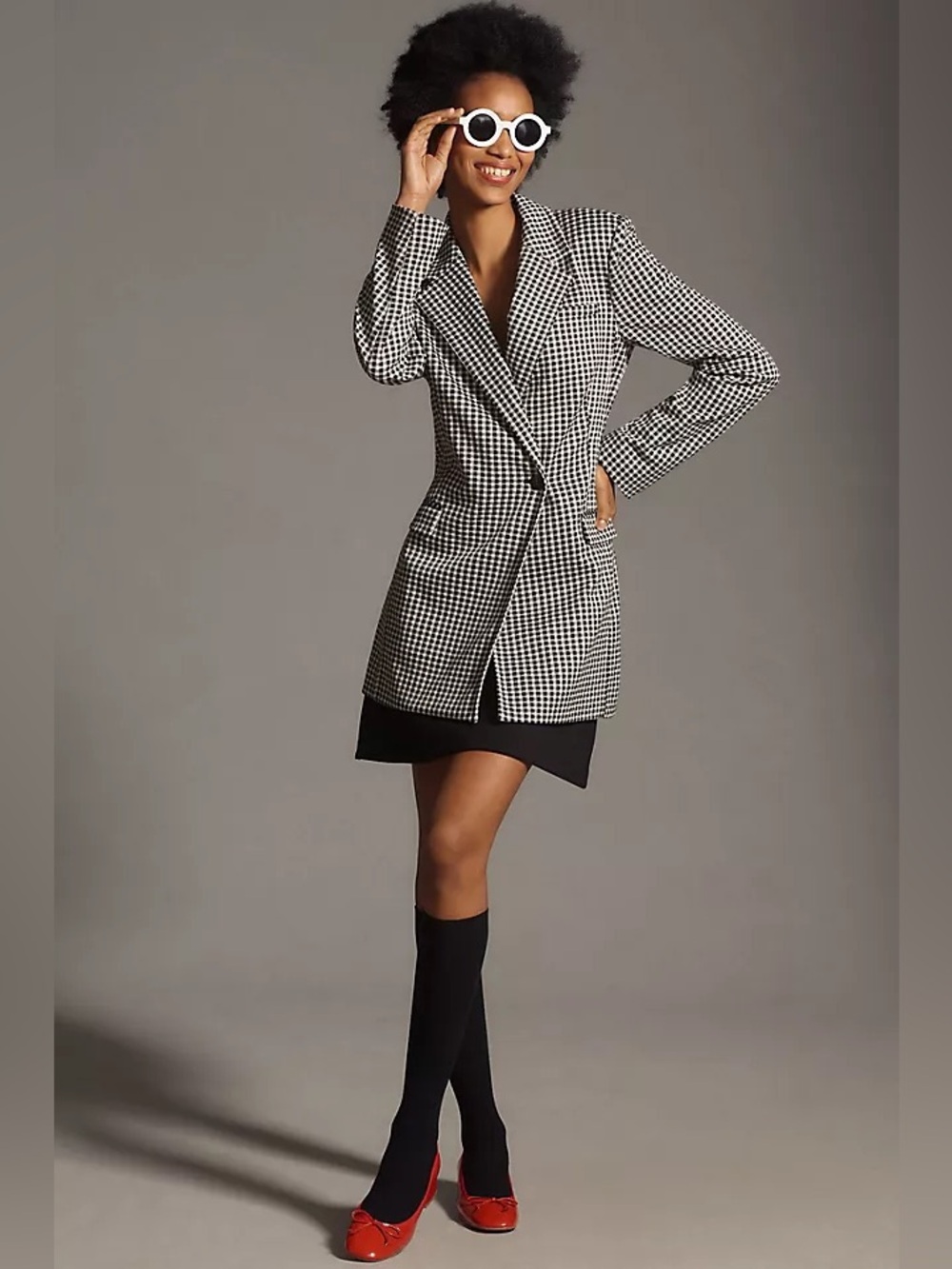 Maeve Anthropologie Longline Gingham Blazer Black White Medium
